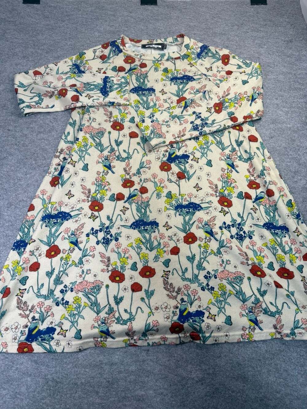 Paper Plane Floral Bird Print Tunic Dress Size S/M Ivory